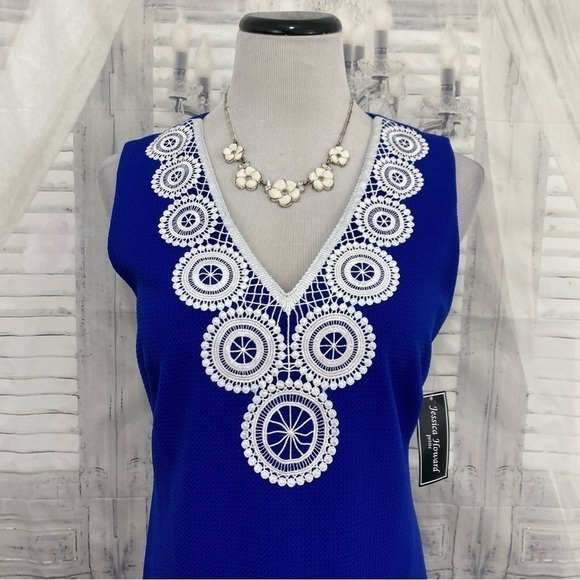 Jessica Howard Size 10 Petite Blue White Crochet-Trim Dress Sleeveless V Neck - Picture 3 of 12